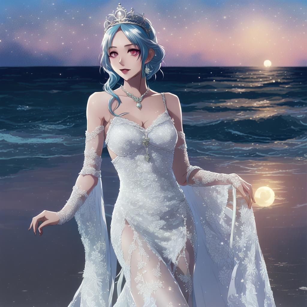 Blue-Haired Queen in Lace Gown, Anime Style