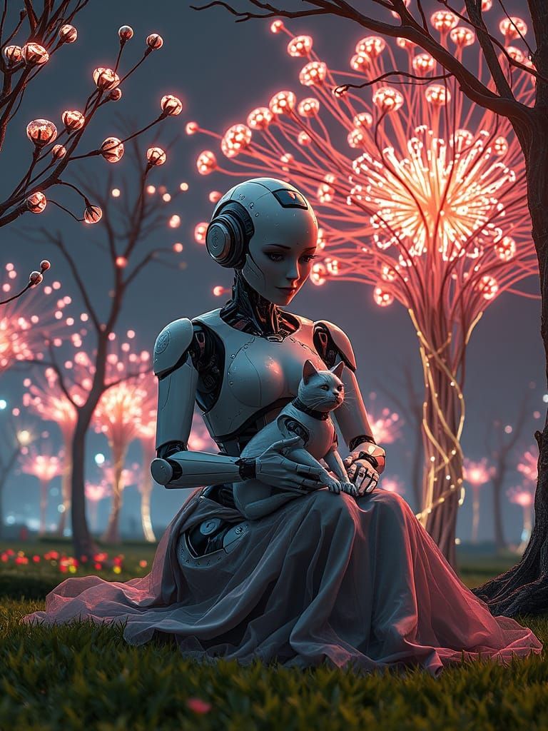 Cyberpunk Robot Maiden Sits Amidst Biomechanical Landscape