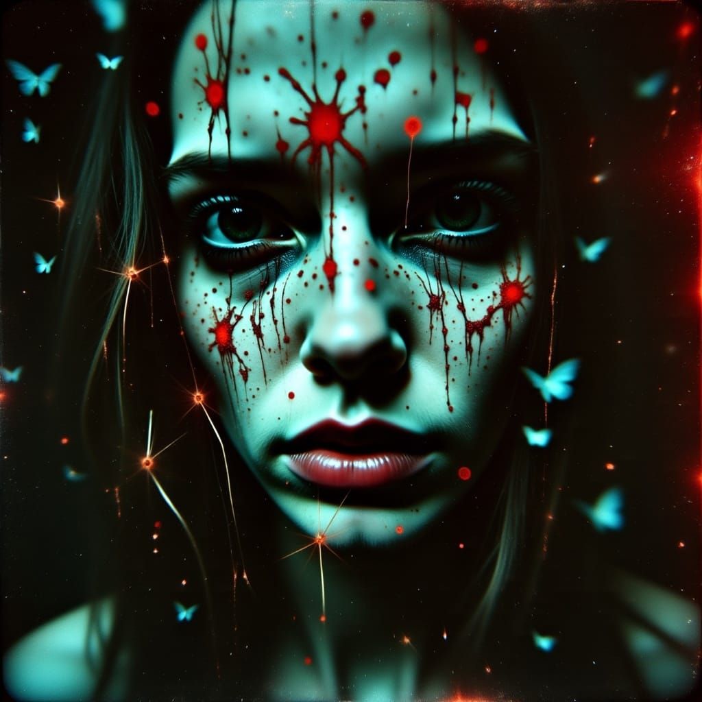 Sorrowful Face with Kintsugi Gold Lines in Red and Aqua