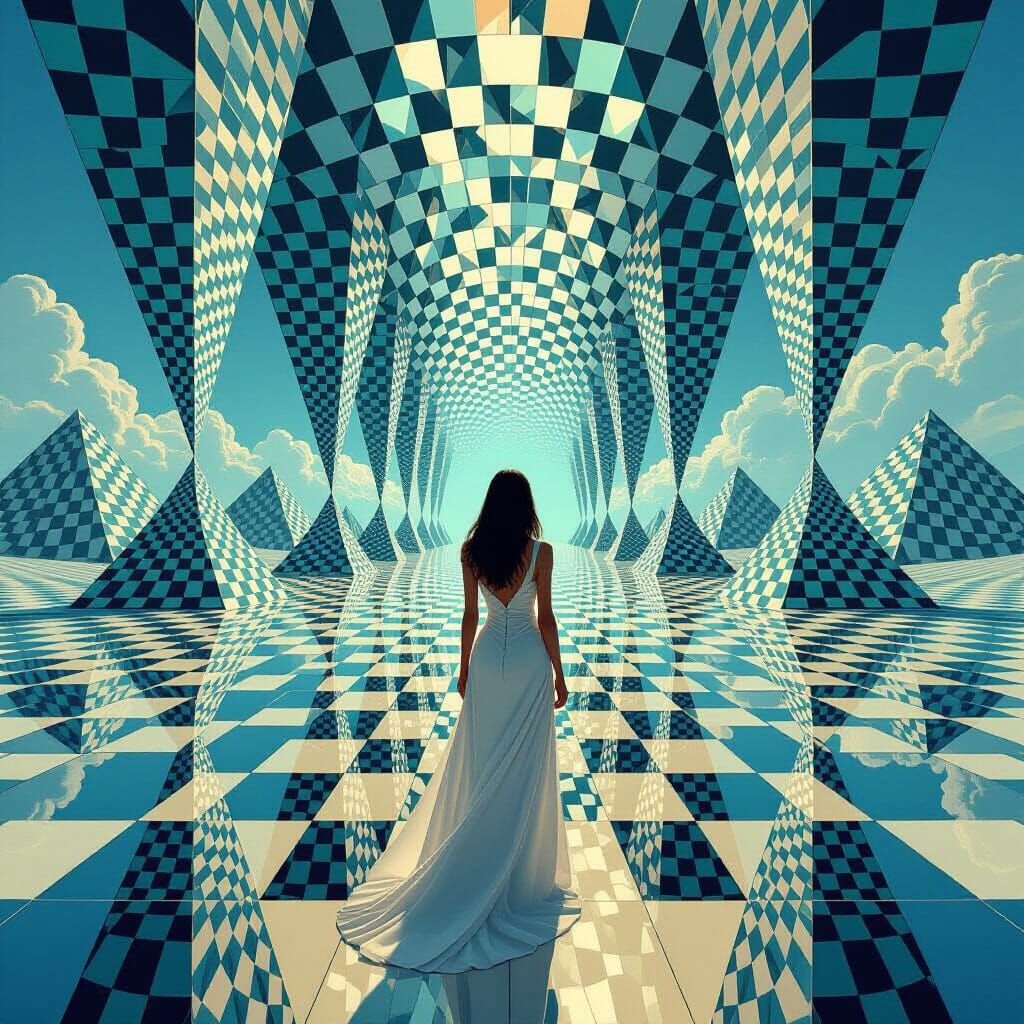 Woman in Mirrored Landscape: Escher, Riley, and Thorp Style