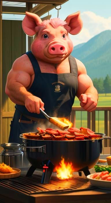:A big, burly, muscular but cute realistic farm pig standing up using barbecue tongs, cooking large strips of bacon.Wear...