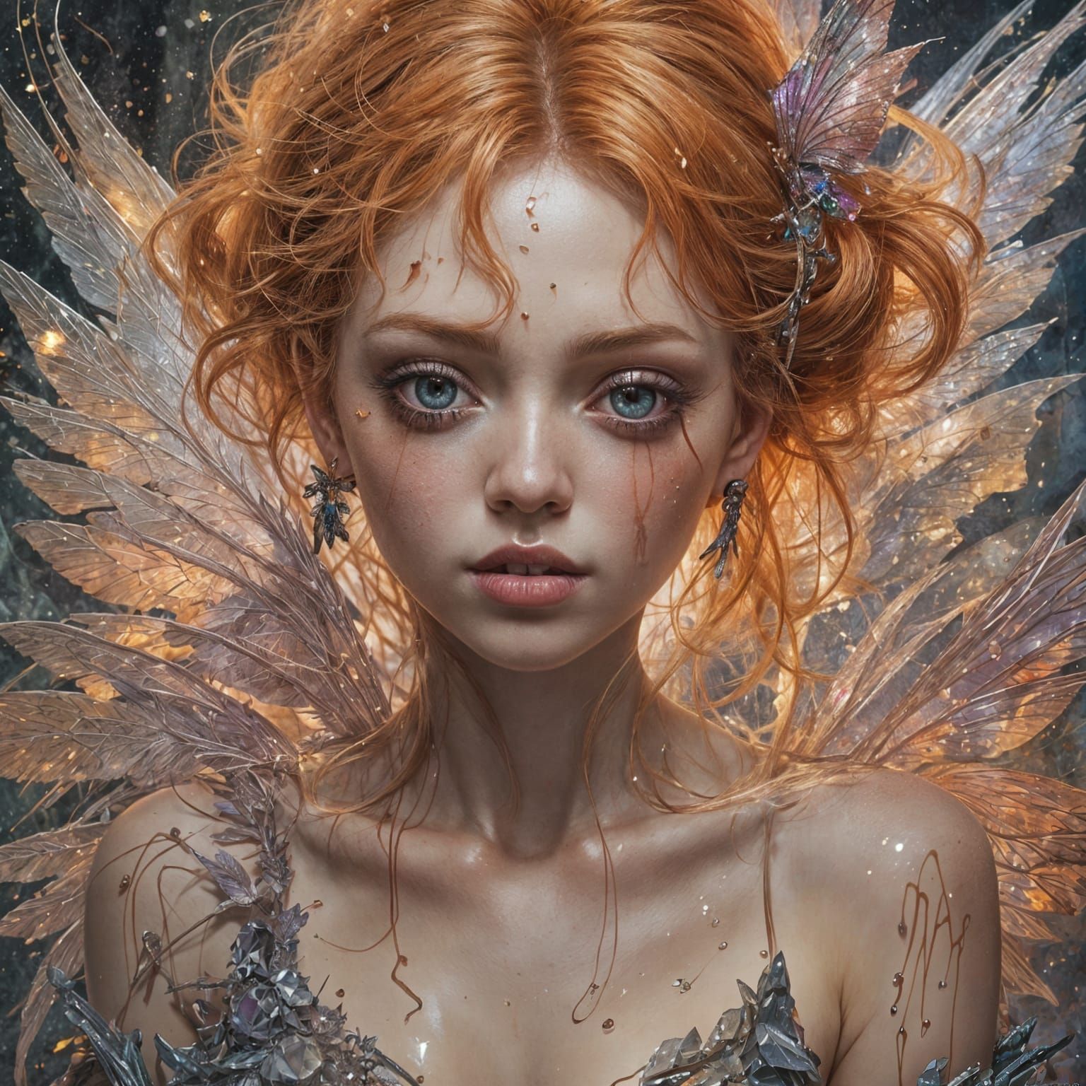 Fairy Girl with Crystal Wings in Dripping Ink Style