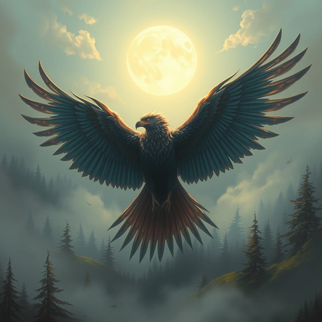 Giant Thunderbird soars above Oregon forest under full moon