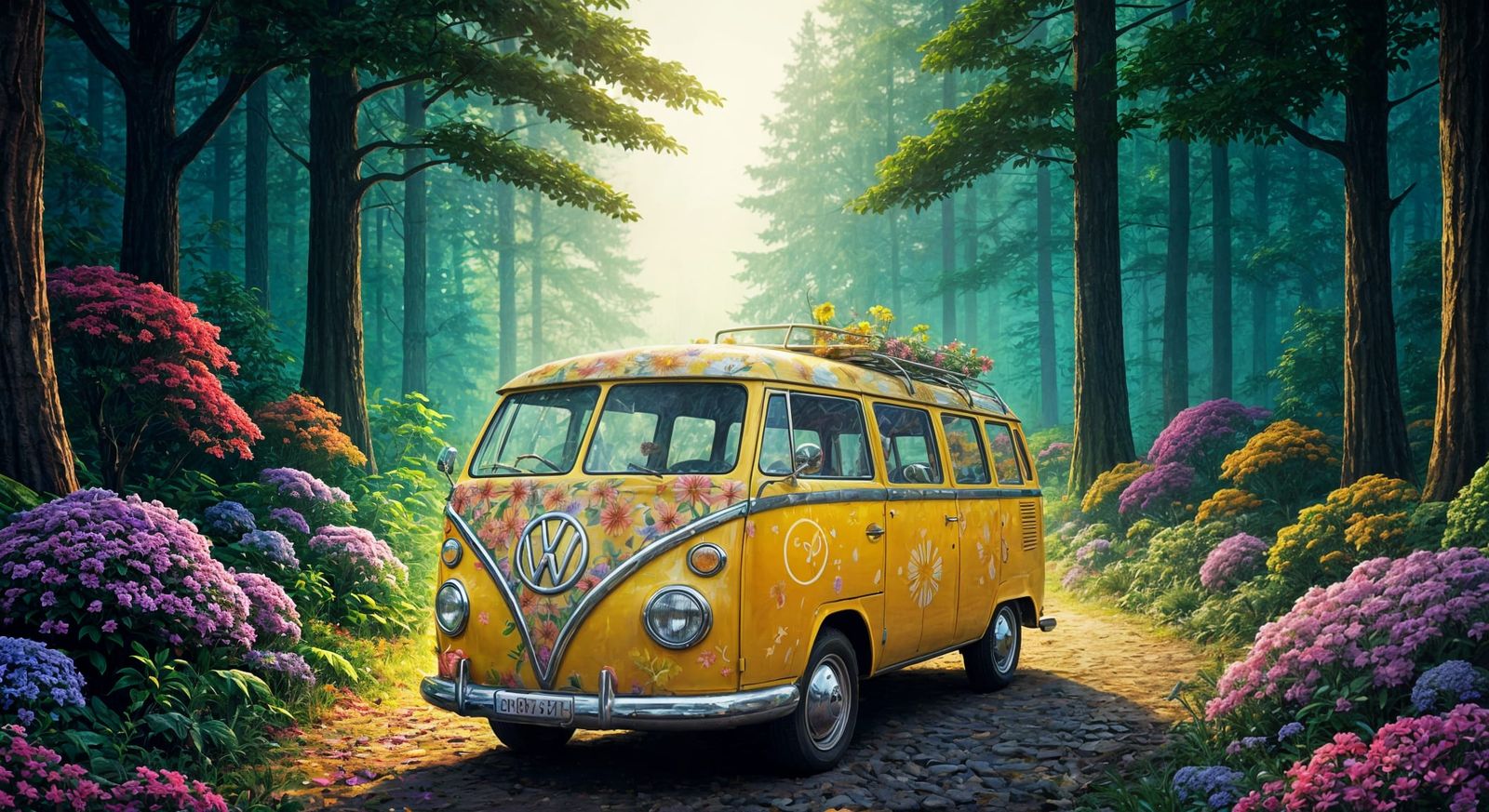 Mystical Flower-Covered VW Bus in Forest