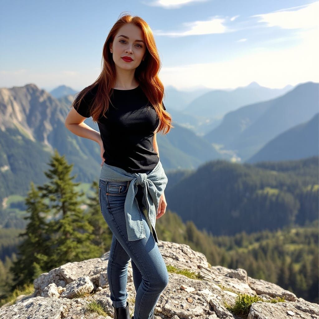 Woman in Swiss Alps Overlooking Valley