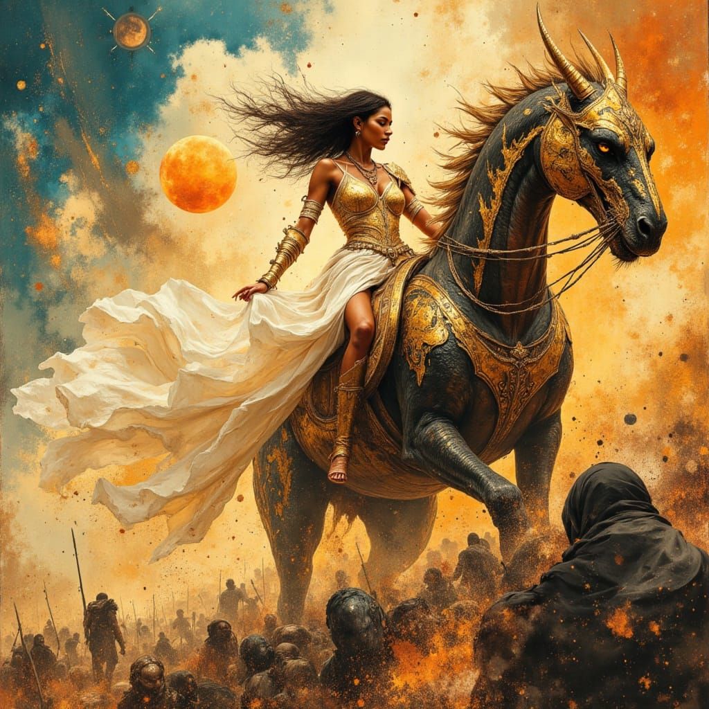 Warrior Goddess Rides Dragon in Celestial Battlefield
