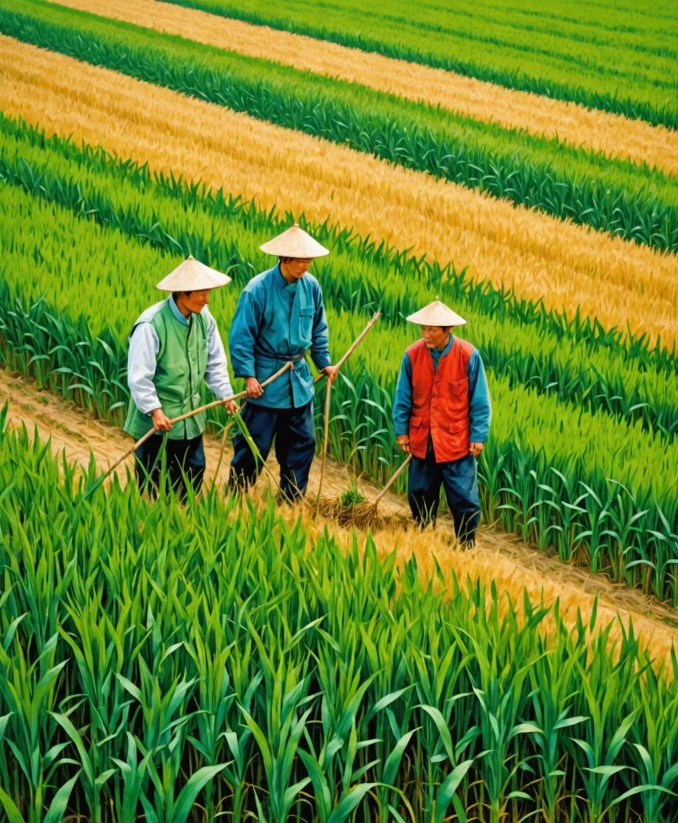 Chinese Farmers in a Vibrant Wheat Field Landscape