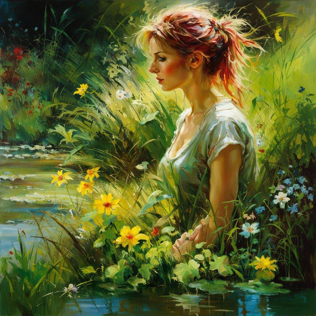 Lush Garden Scene with Water Reflections: Matte Painting