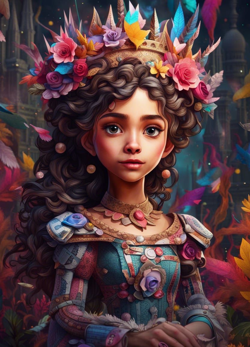Colorful Newspaper Princess Portrait, Detailed Digital Art
