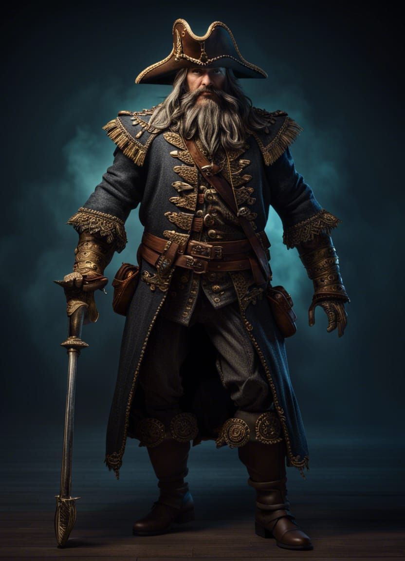 Hyperrealistic Portrait of Blackbeard in Pirate Costume
