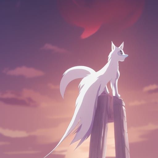 Anime White Kitsune Anthro in Ghibli Style