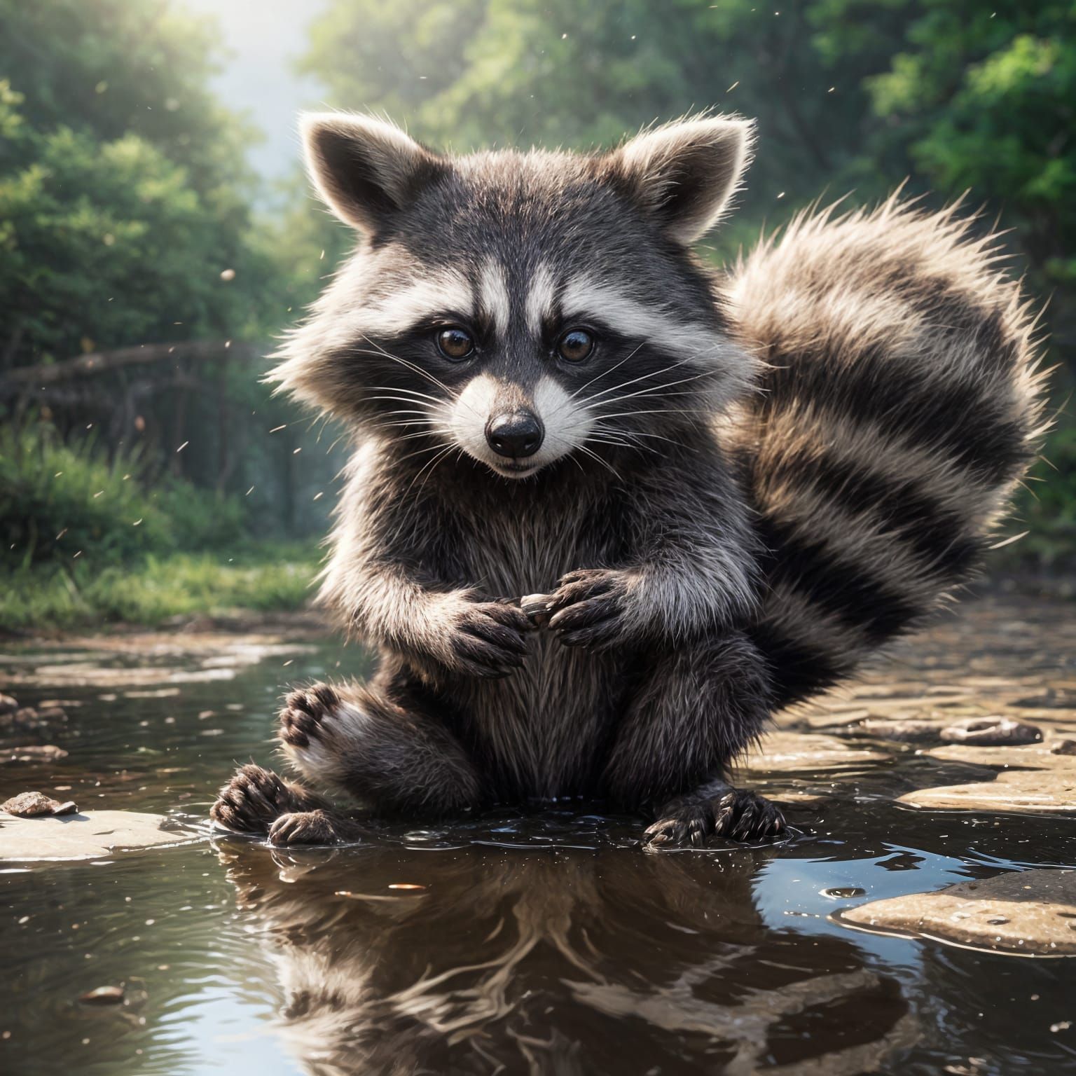 Raccoon Cleans Paws: Detailed 3D Anime Art