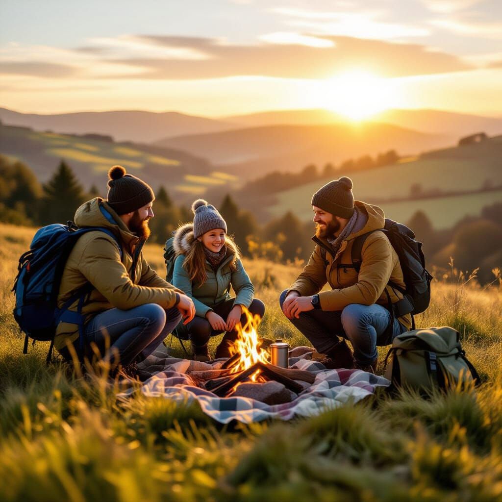 Friends Plan British Camping Trip in Golden Hour Light