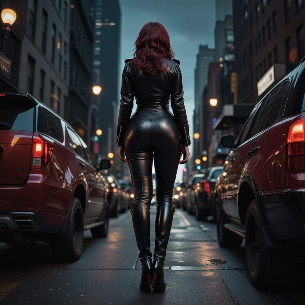 Woman in Leather Outfit on NYC Street at Night