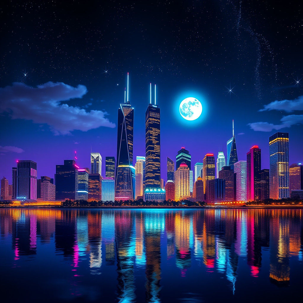 Chicago Night Skyline Reflected in Neon Light