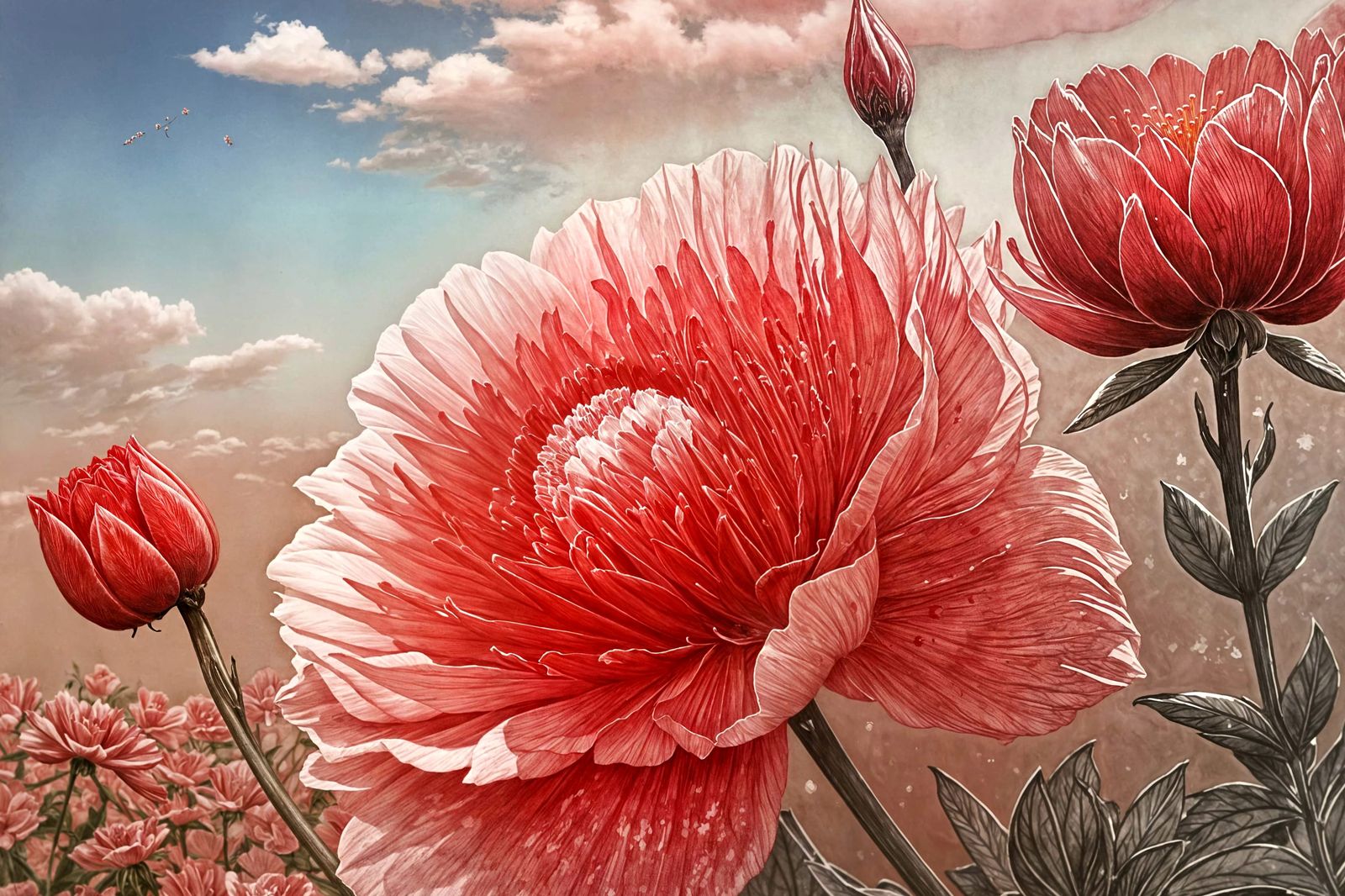 Scarlet Carnation in Bloom: Etched Ink Illustration