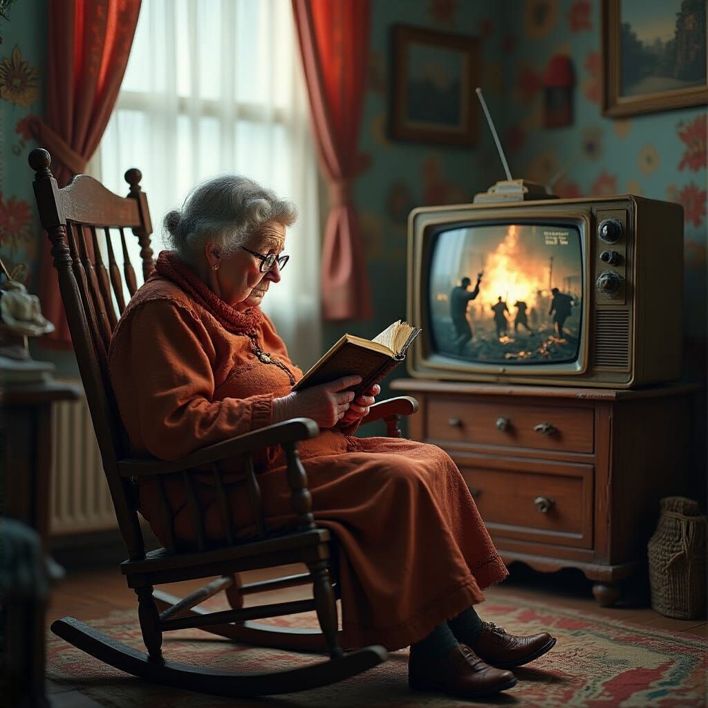 Old Woman Reading Bible Amidst Chaos, Hyperrealistic Style