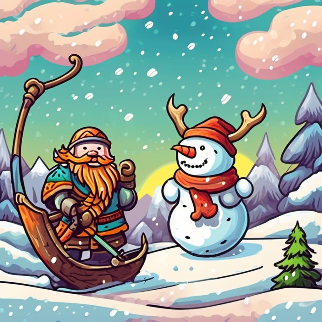 Jolly Viking and Snowman in Winter Wonderland