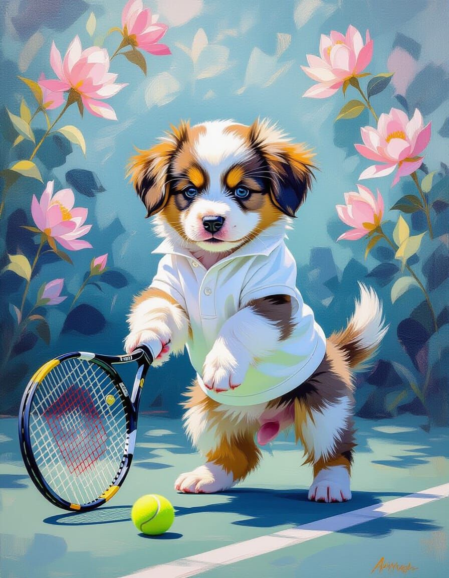 Puppy Playing Tennis in Rococo Impressionist Style