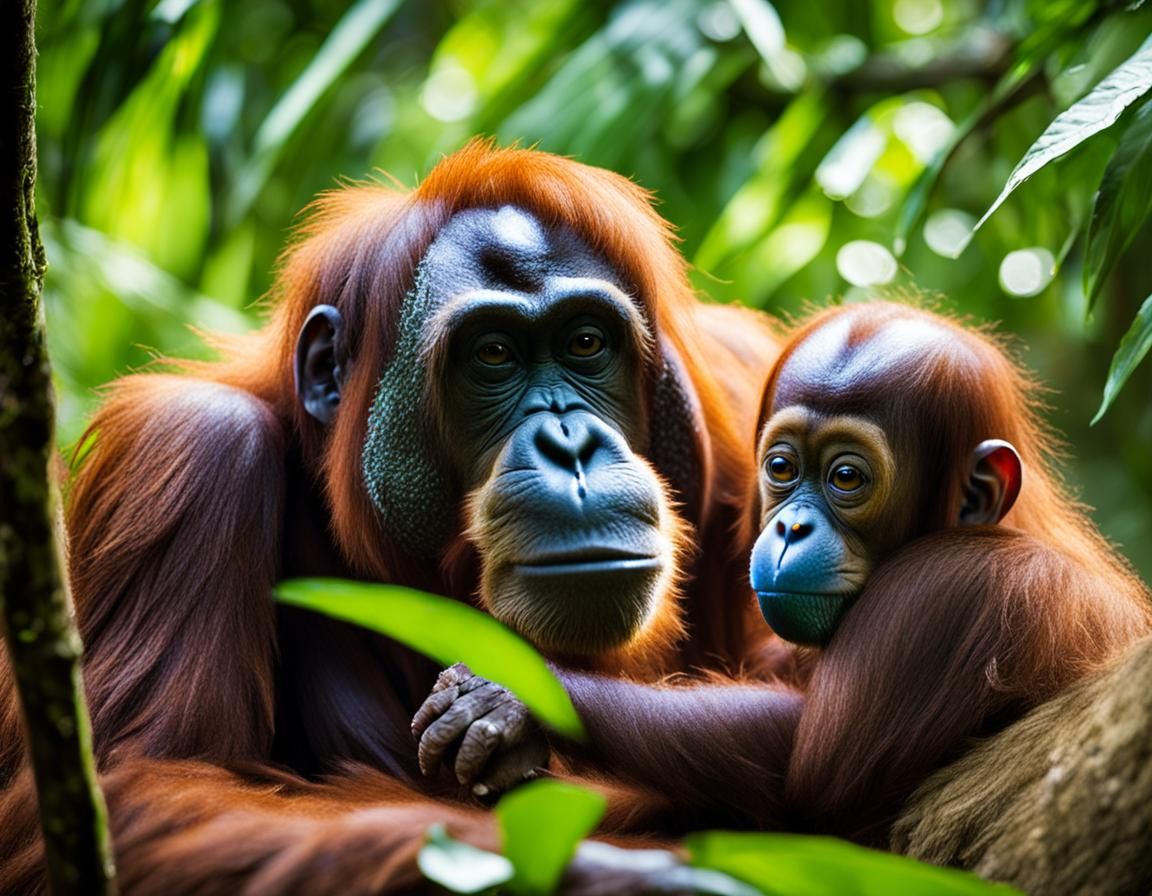 Orangutan Mother and Cub in Borneo Jungle