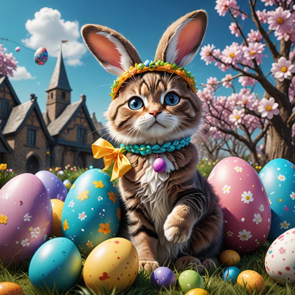 Easter Cat in Fantastical Easter Egg Wonderland