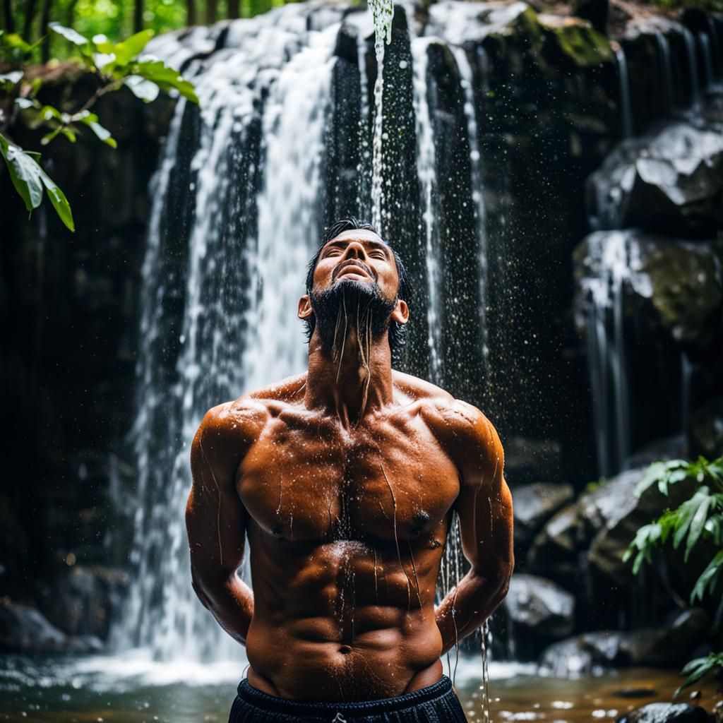 man taking shower under waterfall
