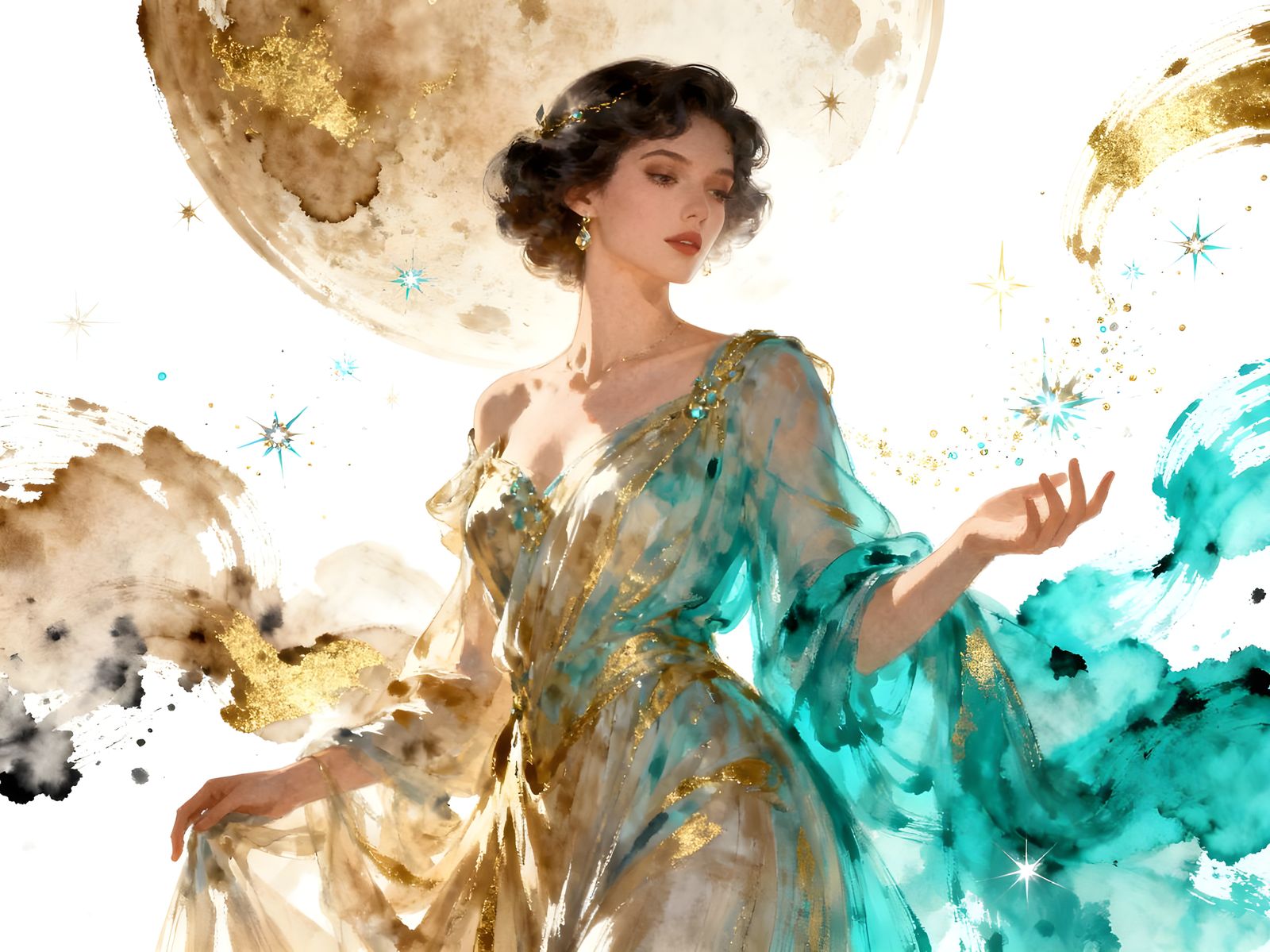 Serene Woman Embodies New Life on Venus in Sumi-e Style