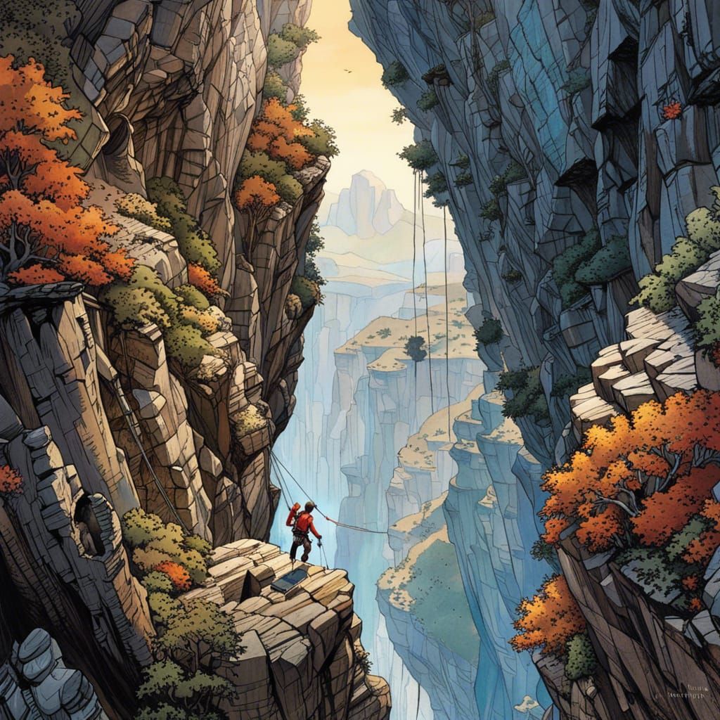 Rock Climber Rappelling Down a Cliff Face