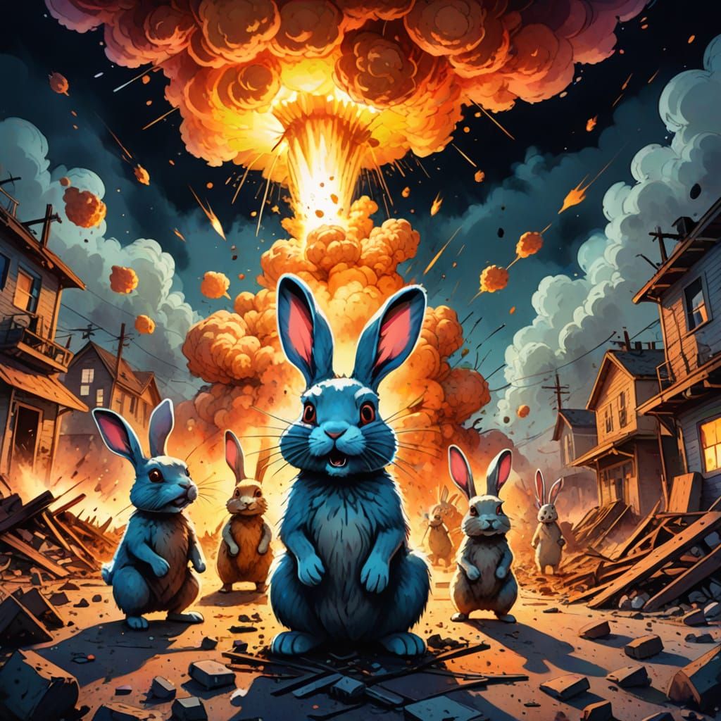 Cartoon Rabbits Flee Atomic Blast in Watercolor Digital Art