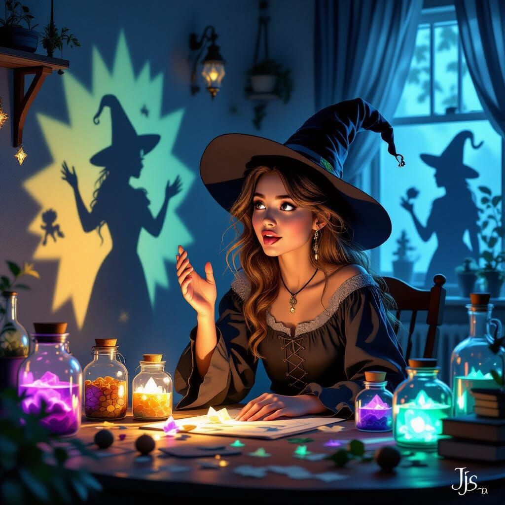 Whimsical Witch Shadow Puppet Theater in Magical Light
