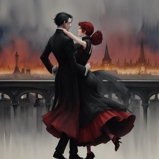Gothic Parisian Rooftop Dance in Burton-esque Watercolor