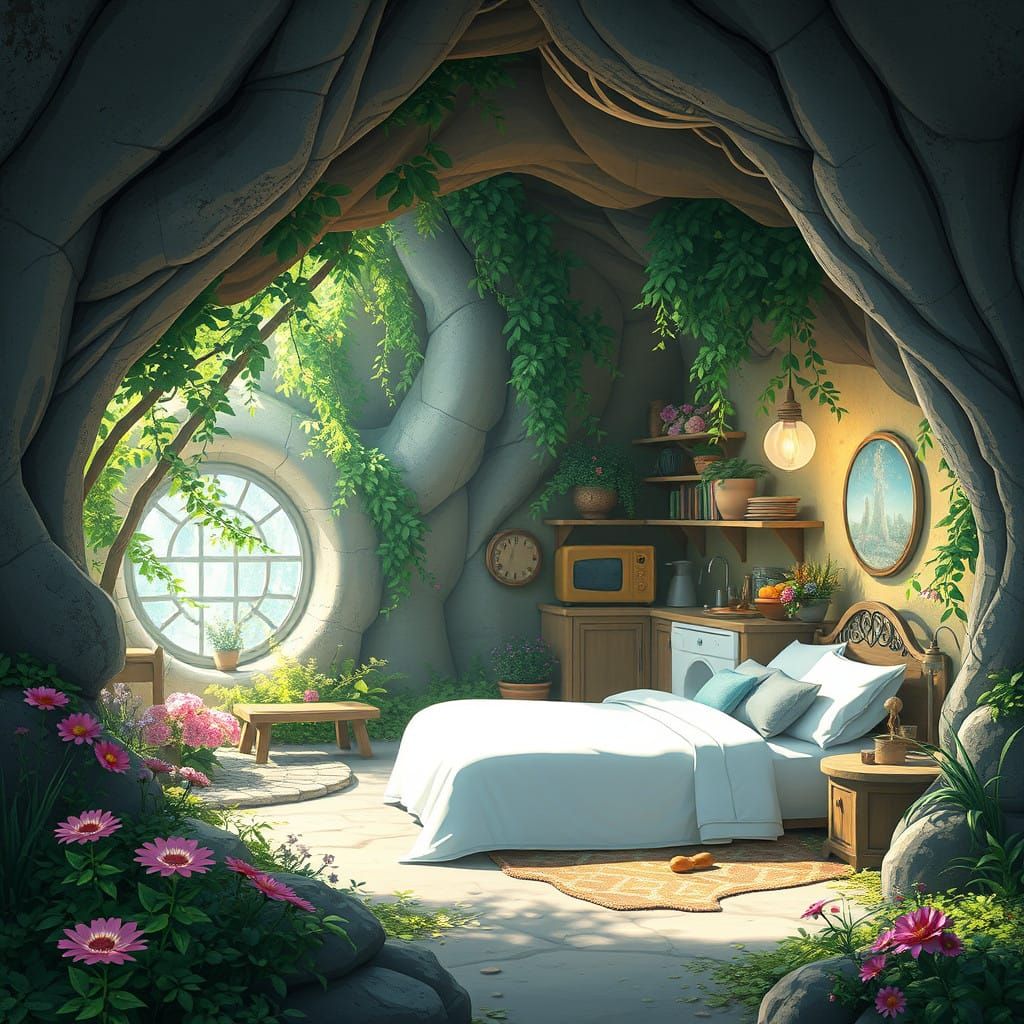 Whimsical Cave Hideaway in Anime-Inspired Fantasy Style