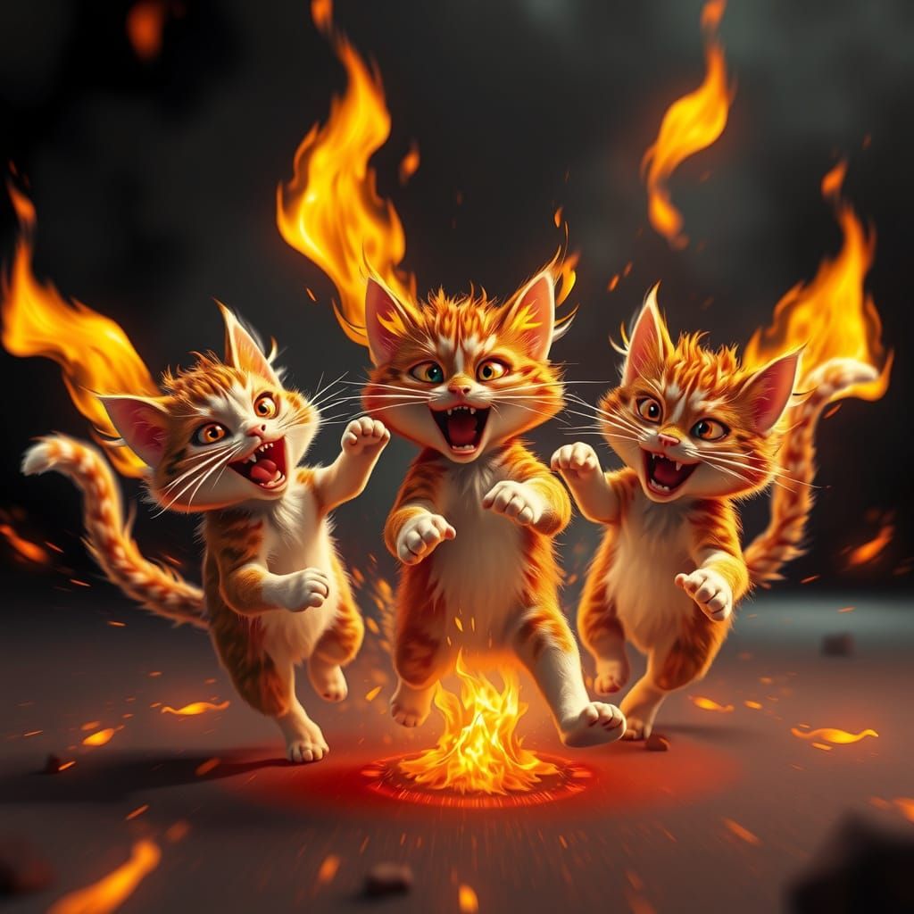 Mischief of Three Fire Cats in Futuristic Whimsy