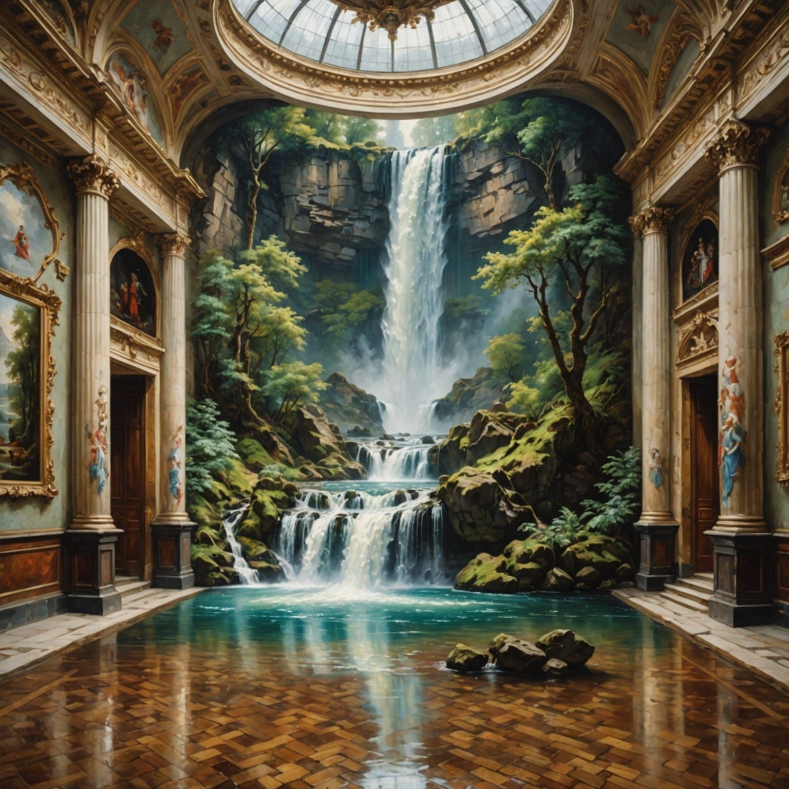 Grand Waterfall Scene in a Stately Home