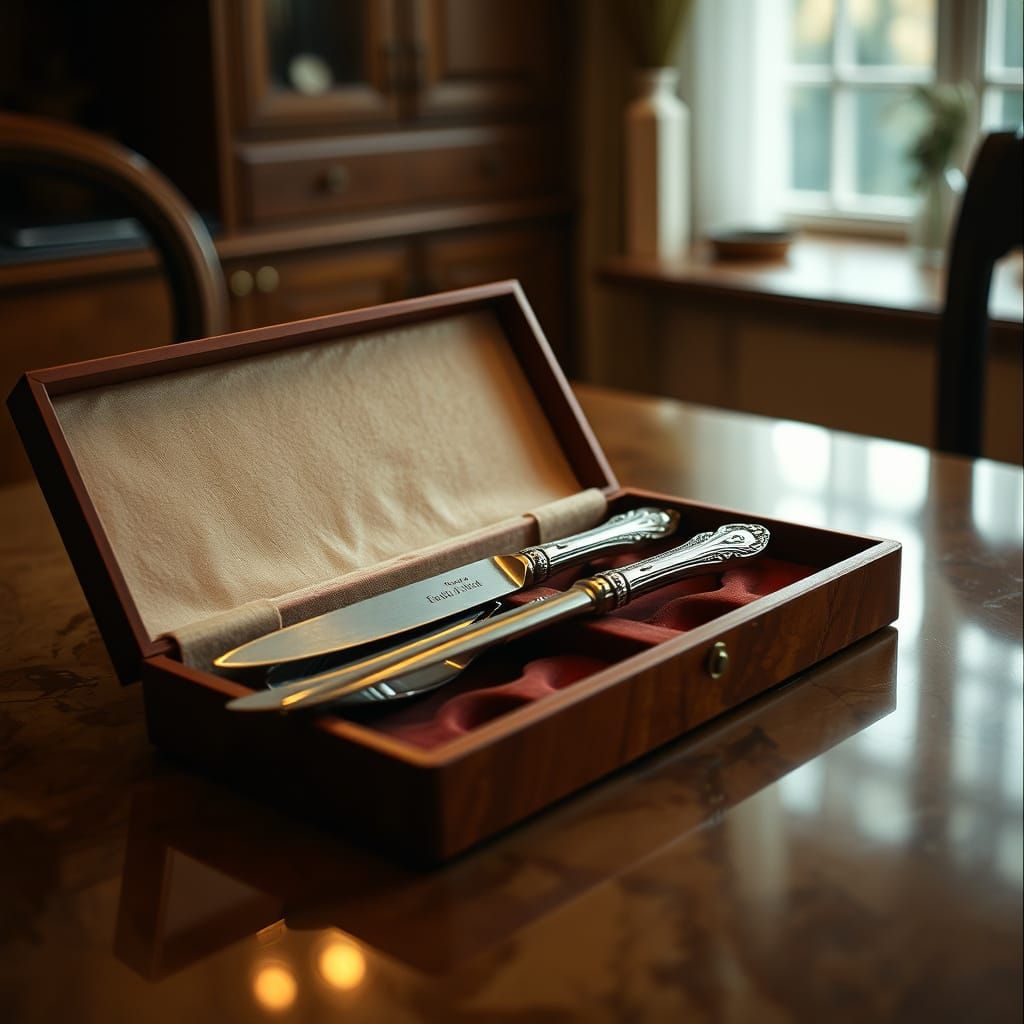 Exquisite Carved Cutlery in Velvet Box, Cinematic Style