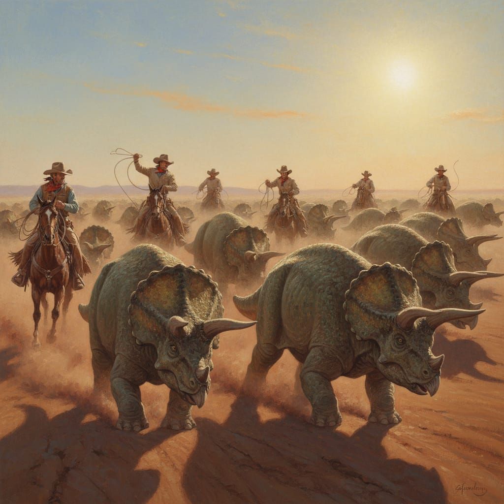 Cowboys Wrangling Triceratops in James Gurney Style