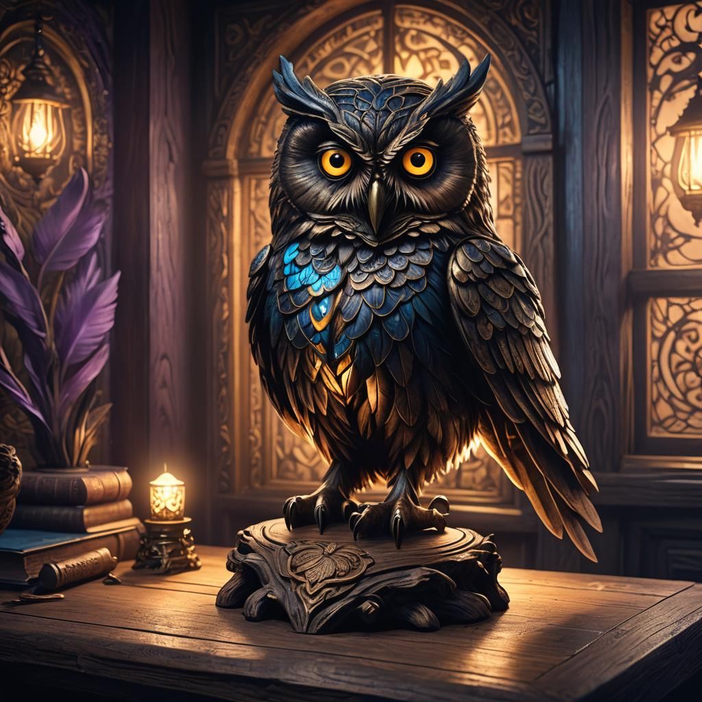 Glowing Owl Lamp on Mystical Wooden Desk