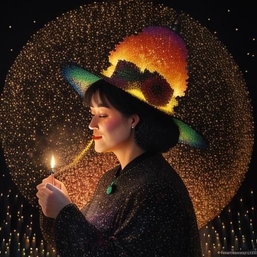 Pointillist Birthday Cake with Candles in Macro