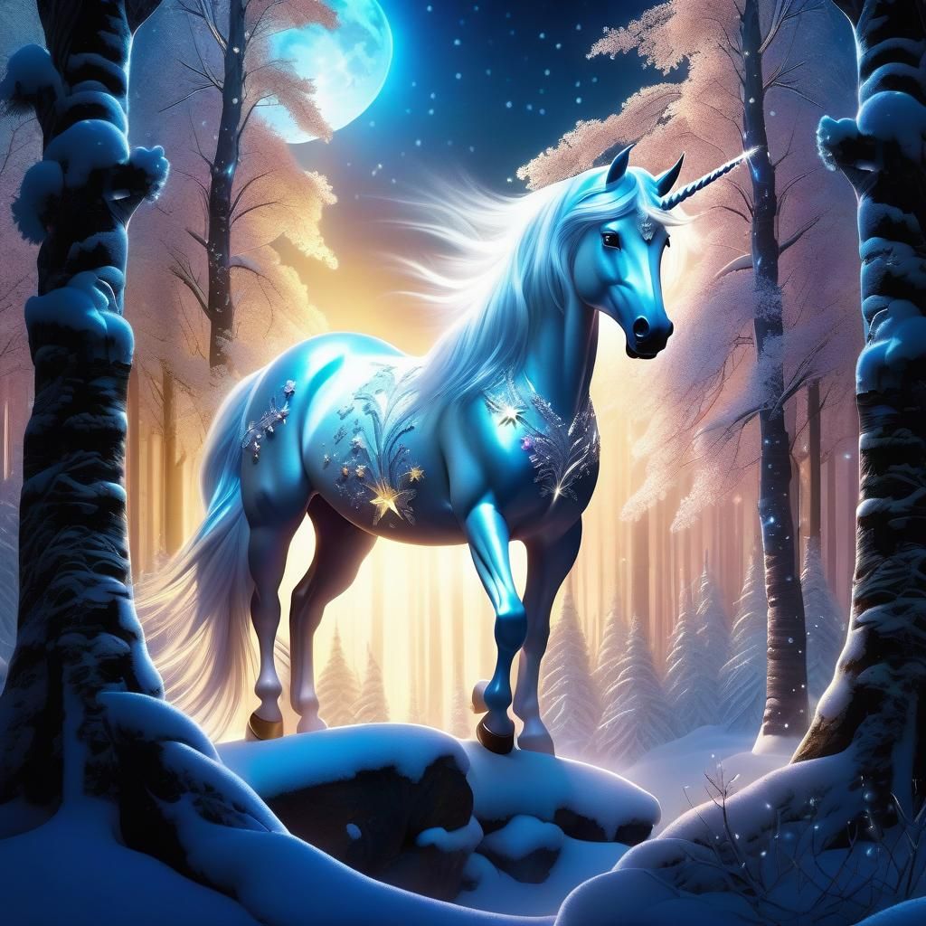 Glowing Unicorn in Magical Forest: Digital Painting