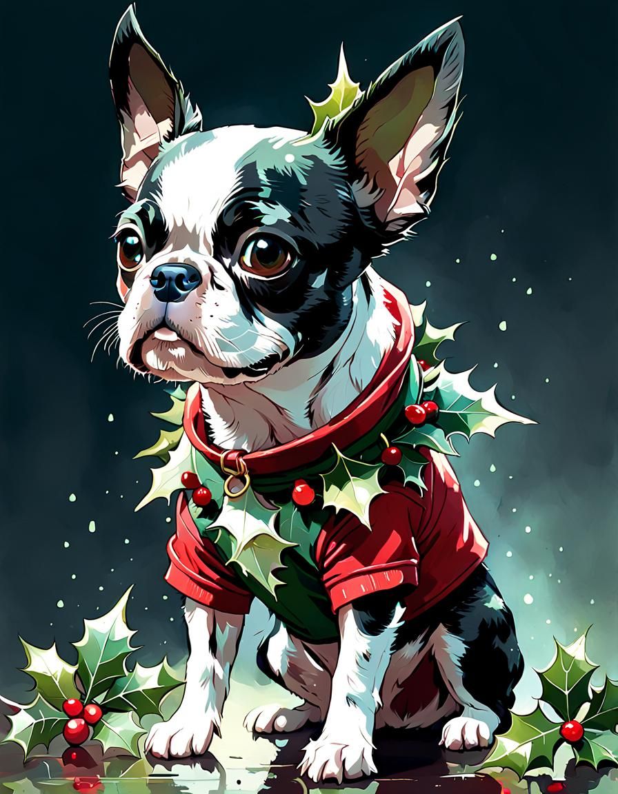 Boston Terrier in Winter Wonderland Digital Painting