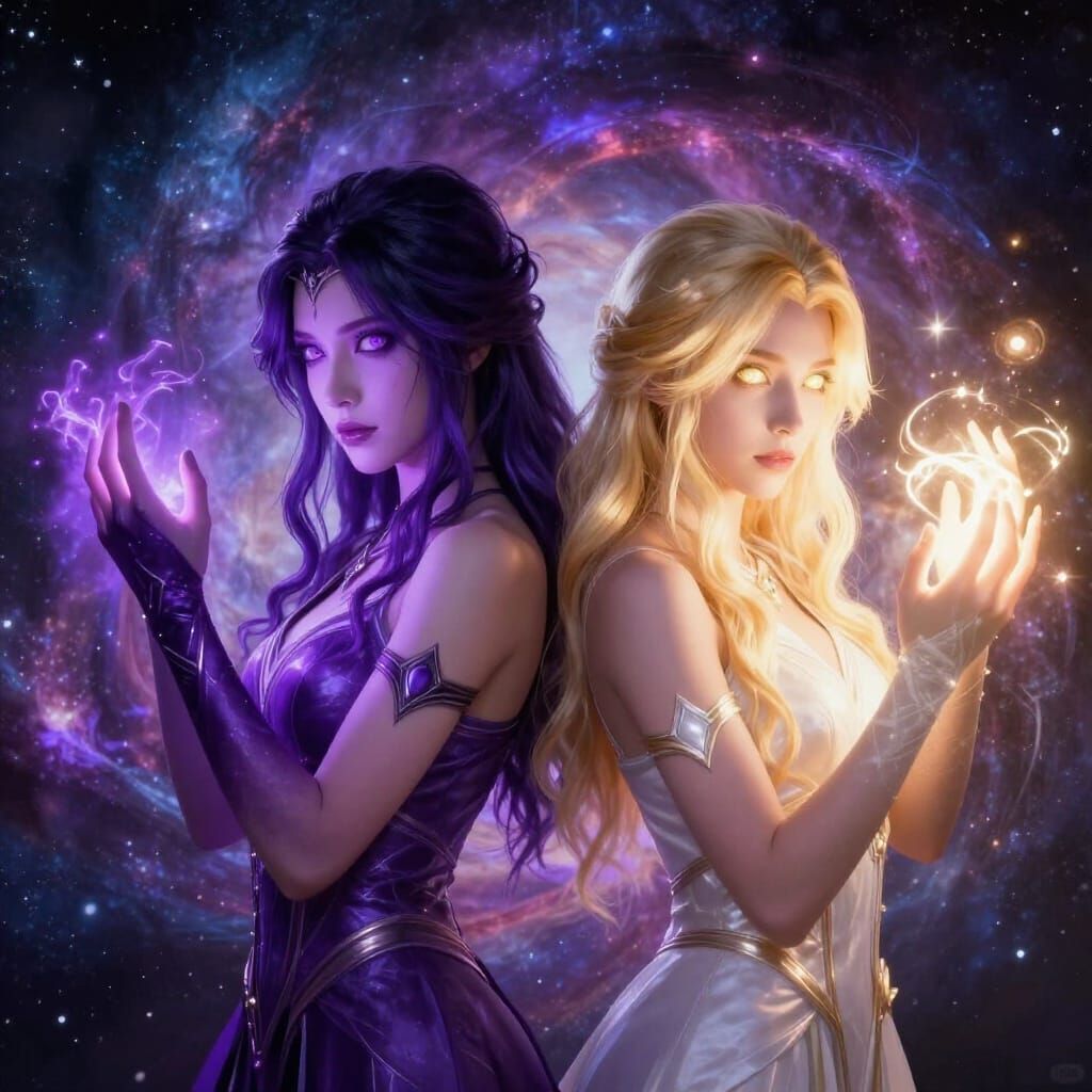 Dual Sorceresses Harnessing Cosmic Energy in Digital Matte S...