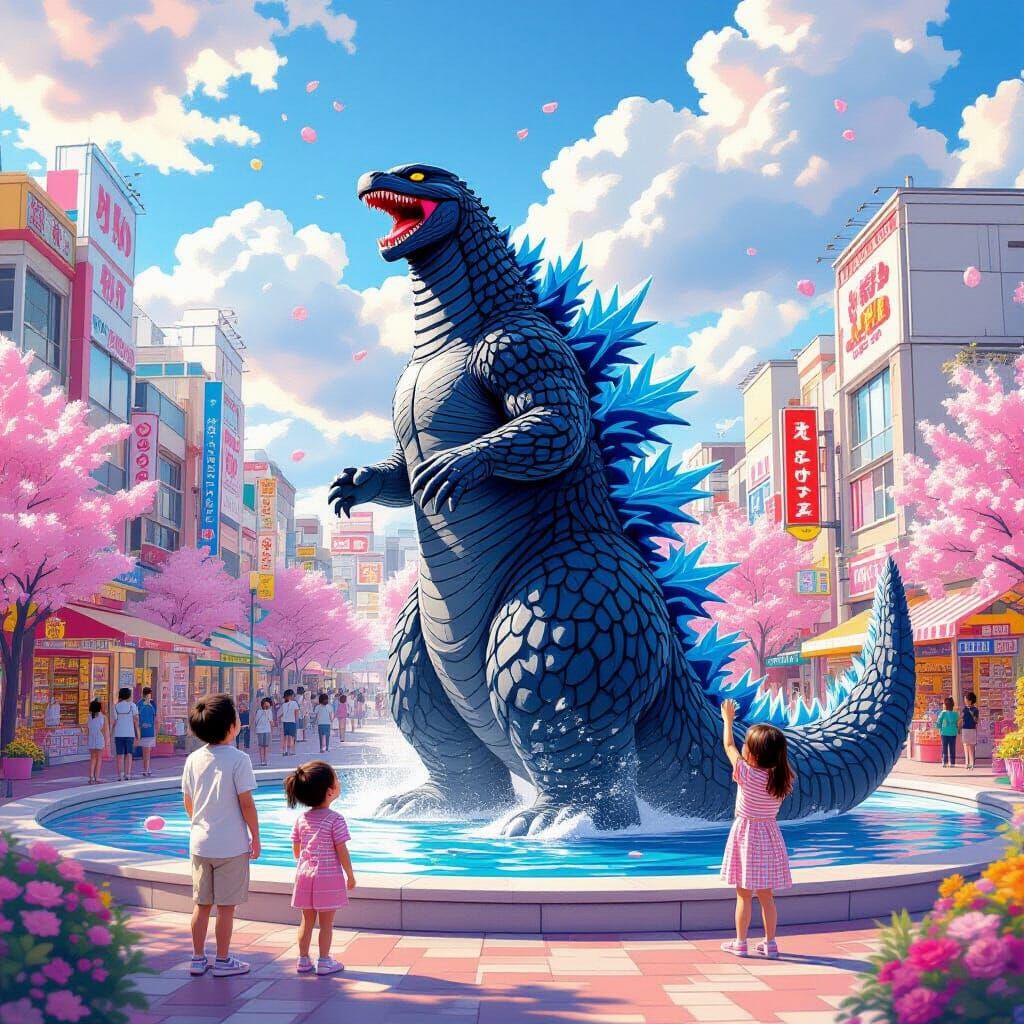 Godzilla Fountain in Tokyo: Hyperrealistic Digital Illustrat...