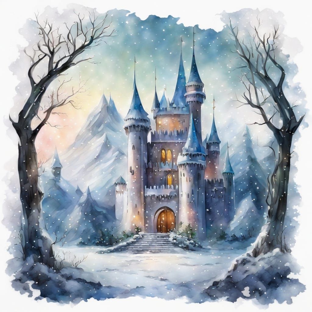 Enchanted Snow Queen Castle in Whimsical Watercolor