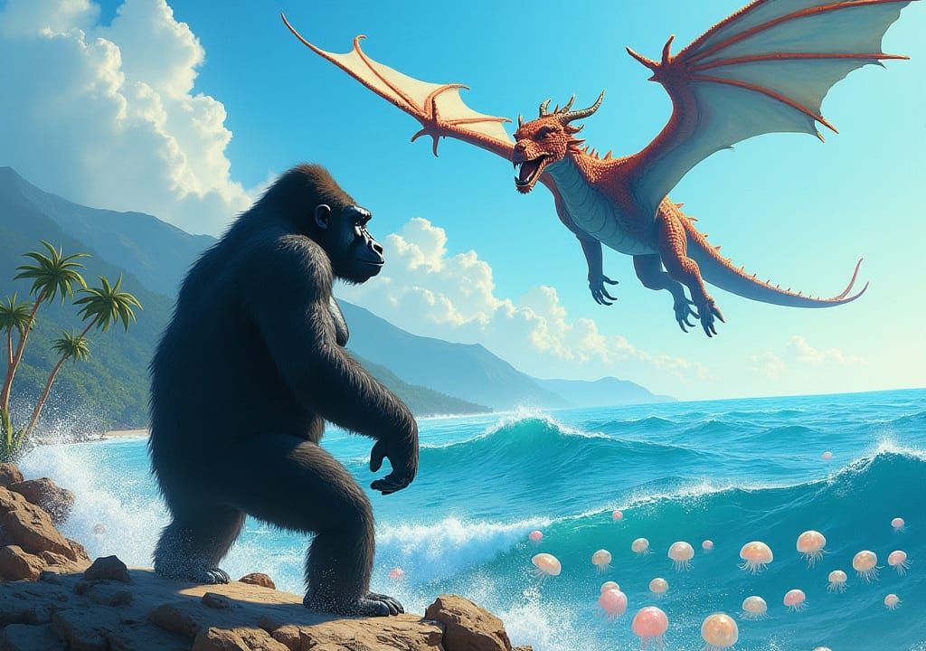 Dragon, Gorilla, and Jellyfish in Dreamlike Ocean