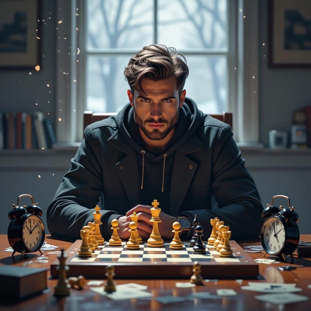 Intense Chess Player in Atmospheric Digital Art Style