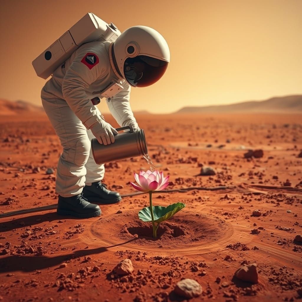 Astronaut on Mars Waters Lotus Flower in Red Soil