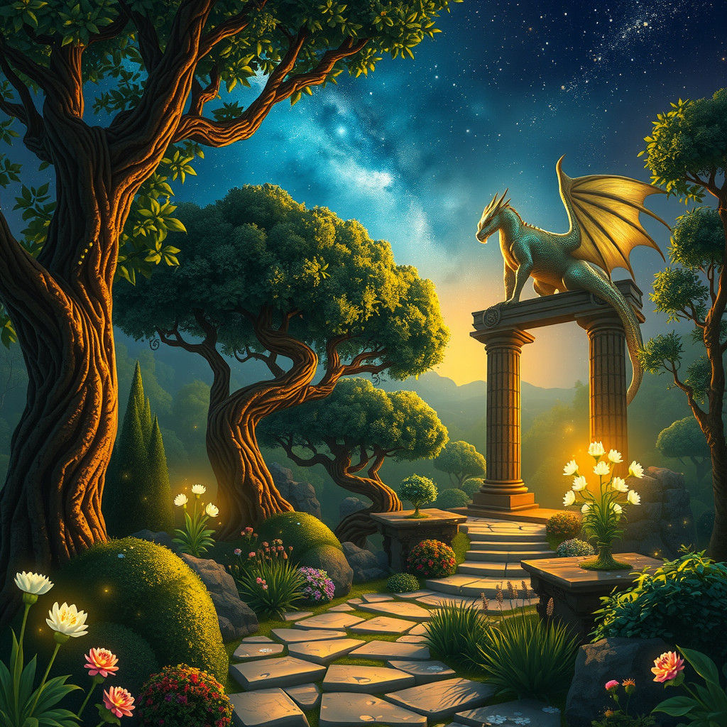 Mystical Hidden Garden with Dragon in Fantasy Art Style