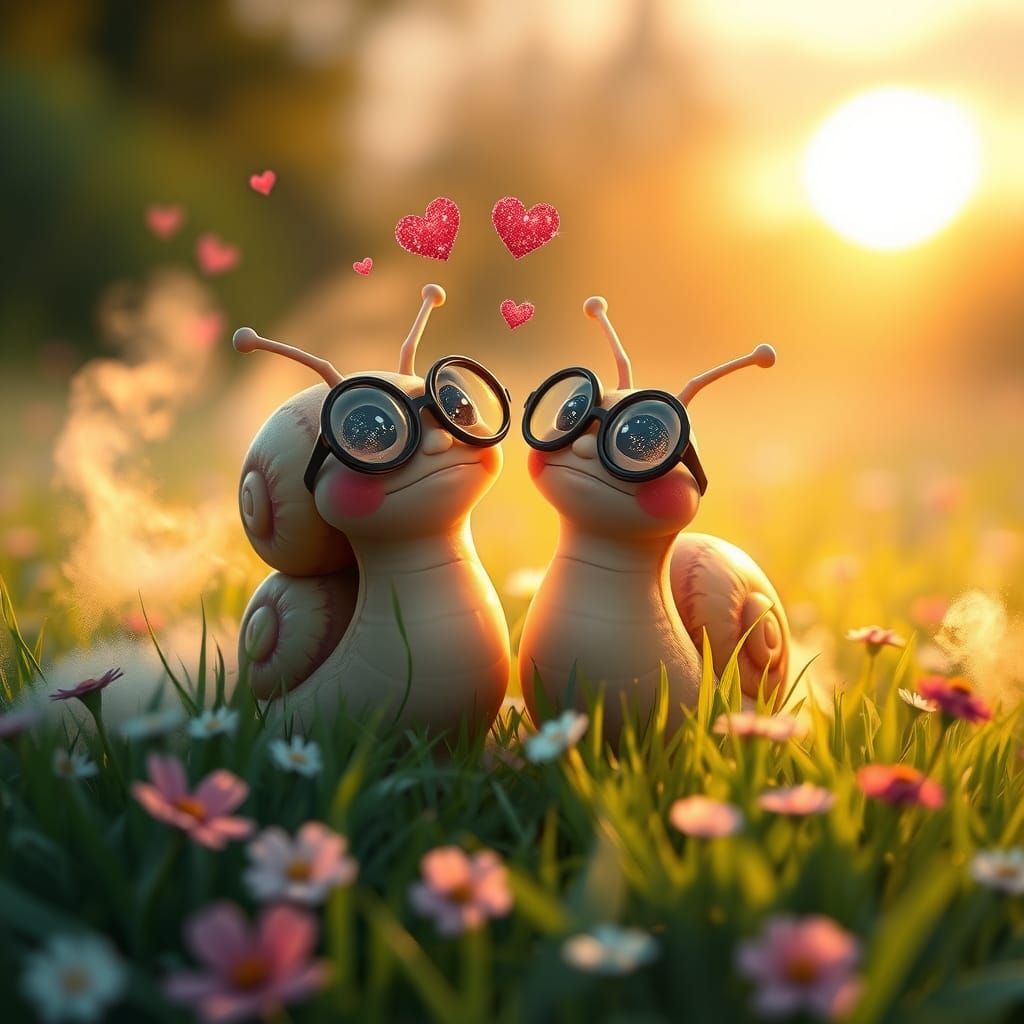 Romantic Snail Couple in Whimsical Meadow