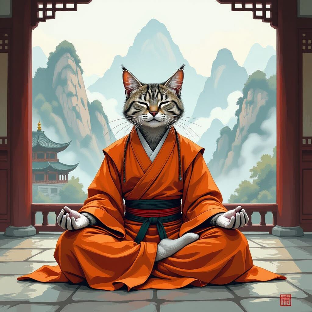 Meditating Shaolin Cat-Monk in Mountain Temple
