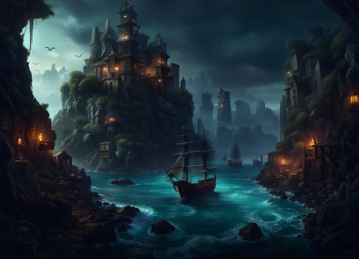 Pirate Crew Guarding a Hidden Bay in Dark Fantasy